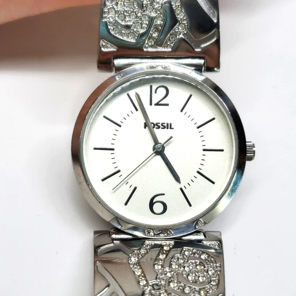 Fossil Blue ES2763 Silver Steel Bangle Floral Pave Wristband White Face